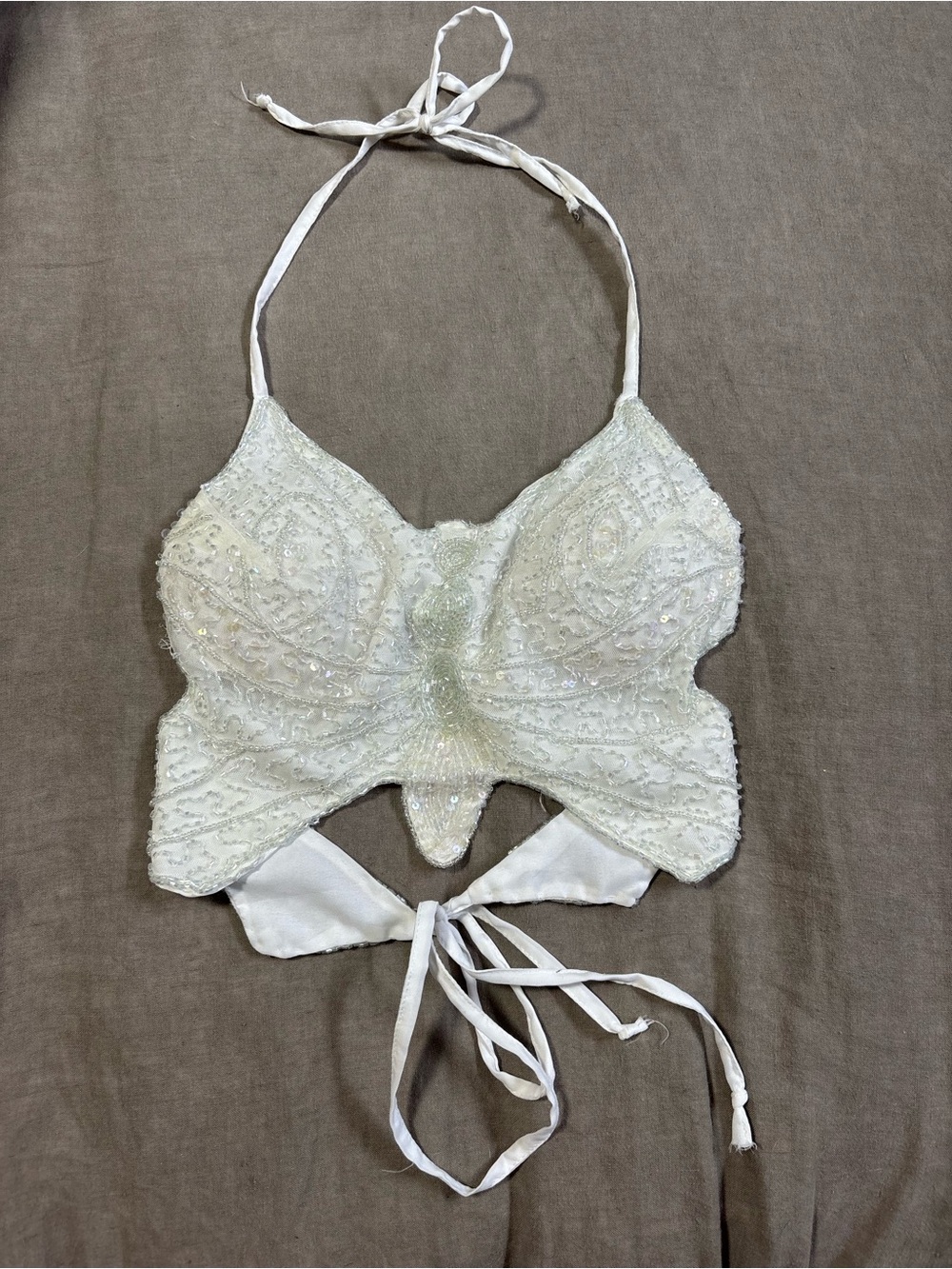 Fashion Nova White Beaded butterfly Halter Crop Top